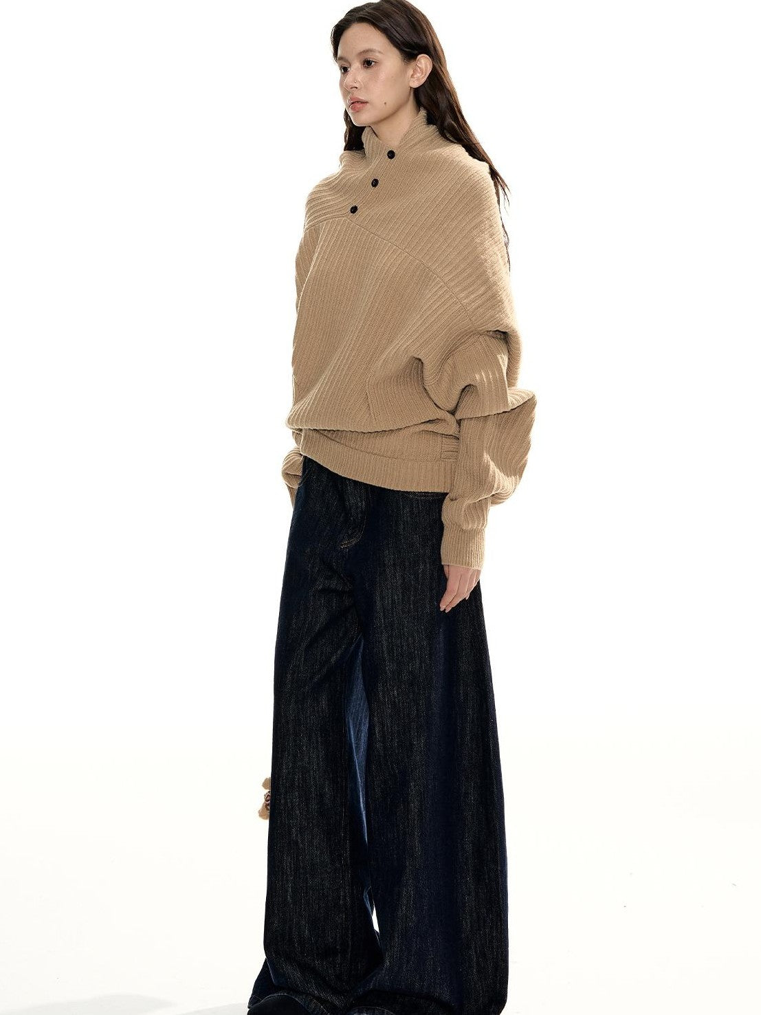 RedBling Camel Asymmetric Button Front Thick Women's Acrylic Blend Pullover Sweaters