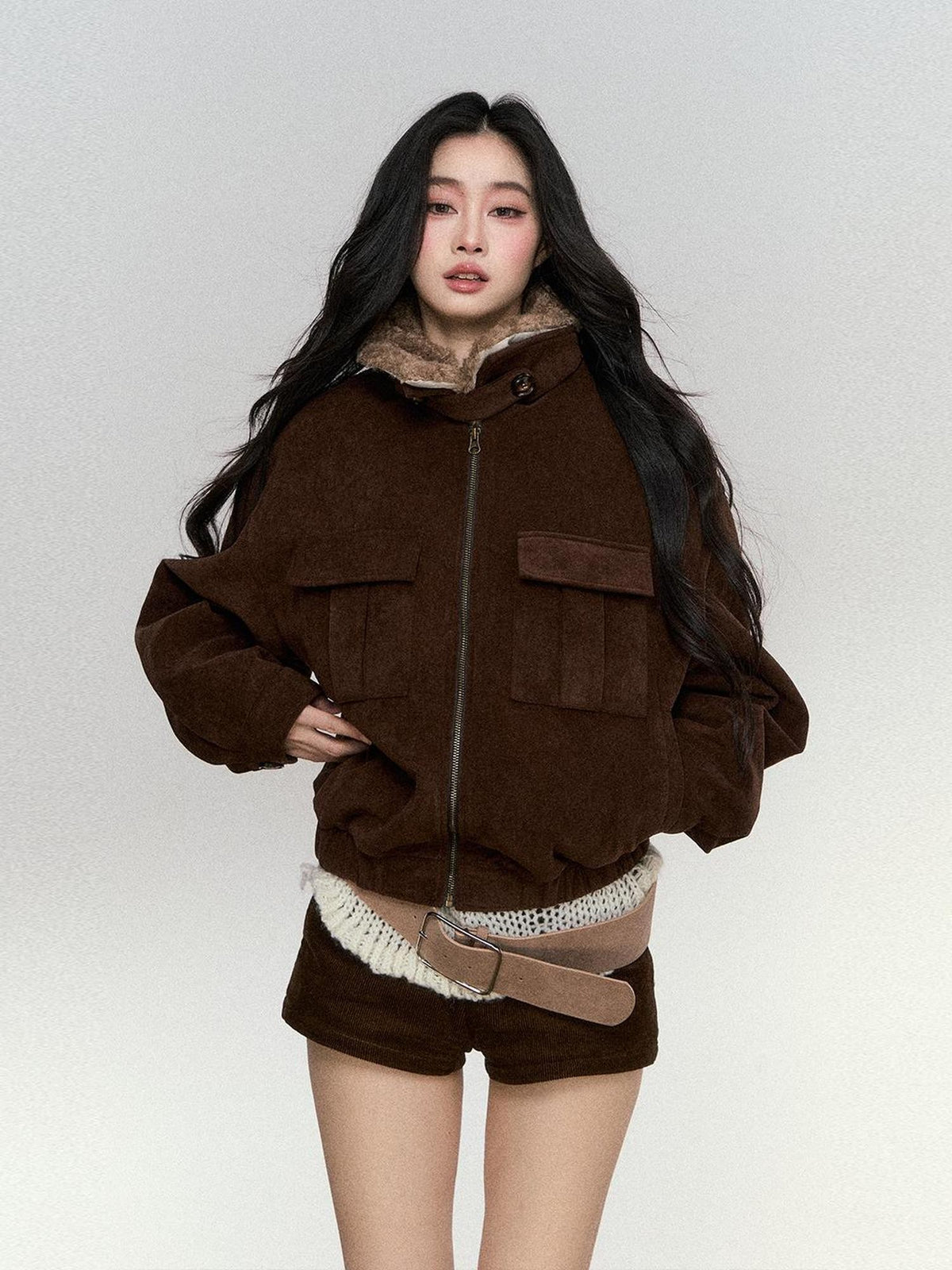 RedBling Deep Brown Fur Collar Cropped Zipper Fleece Lined Women's Suede Leather Jackets