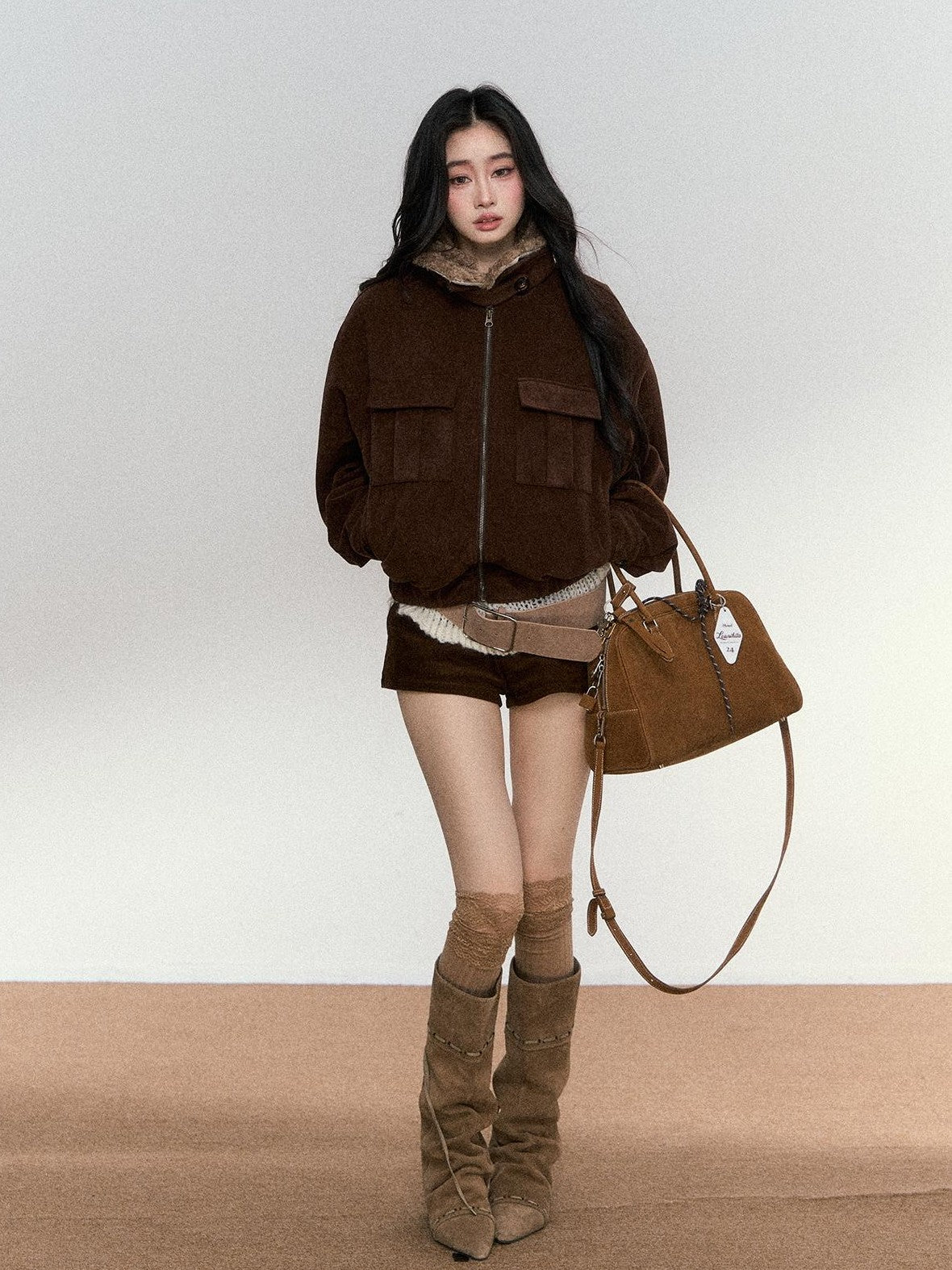 RedBling Deep Brown Fur Collar Cropped Zipper Fleece Lined Women's Suede Leather Jackets