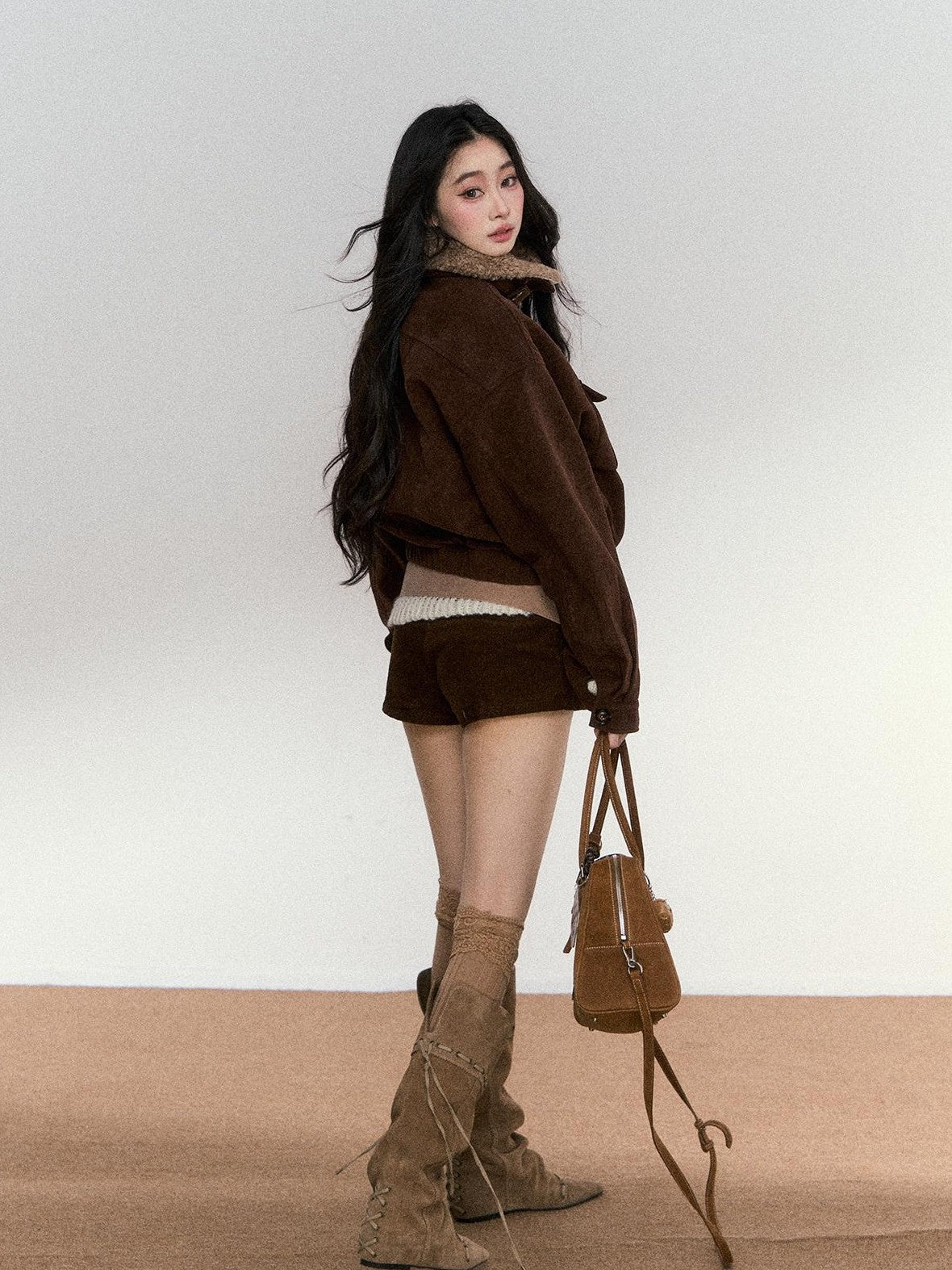 RedBling Deep Brown Fur Collar Cropped Zipper Fleece Lined Women's Suede Leather Jackets