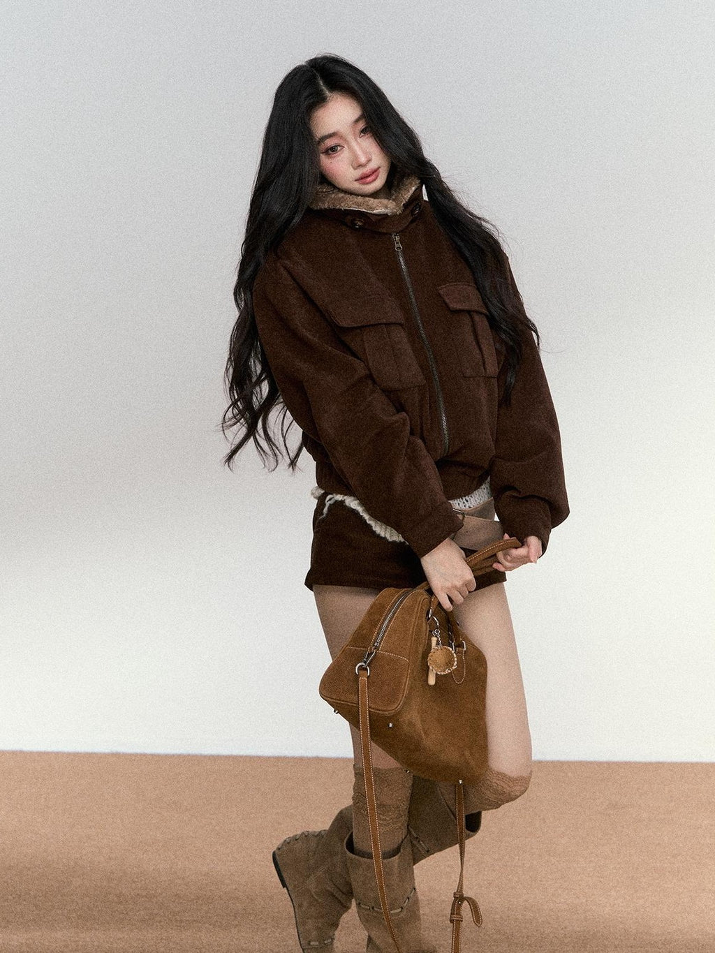 RedBling Deep Brown Fur Collar Cropped Zipper Fleece Lined Women's Suede Leather Jackets