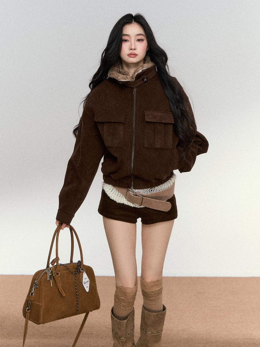 RedBling Deep Brown Fur Collar Cropped Zipper Fleece Lined Women's Suede Leather Jackets