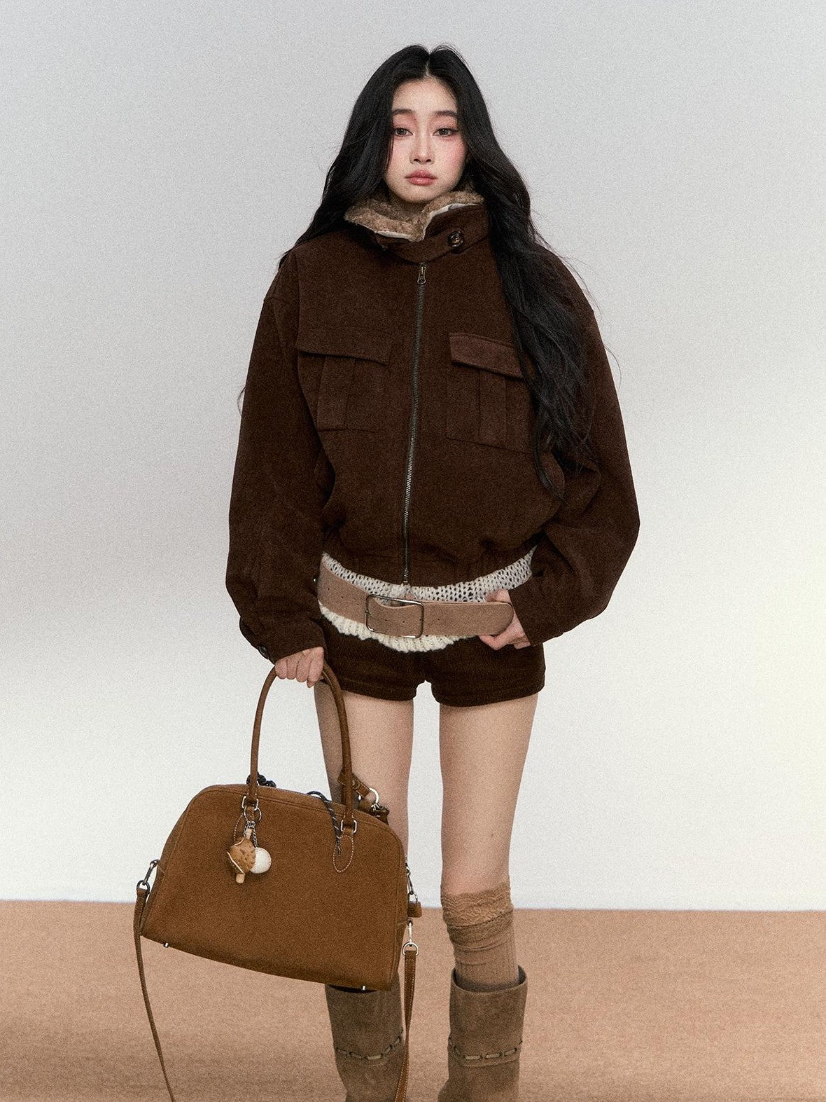 RedBling Deep Brown Fur Collar Cropped Zipper Fleece Lined Women's Suede Leather Jackets