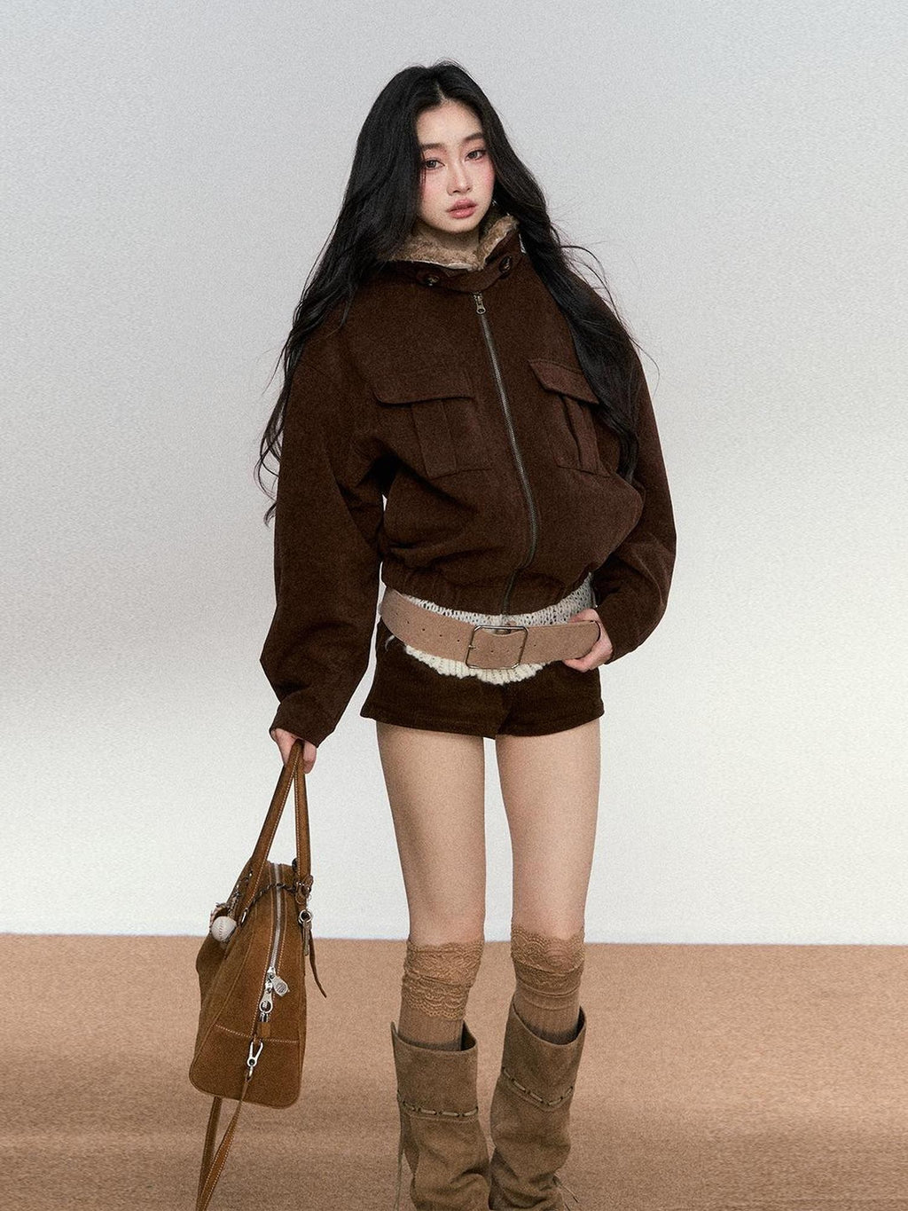 RedBling Deep Brown Fur Collar Cropped Zipper Fleece Lined Women's Suede Leather Jackets