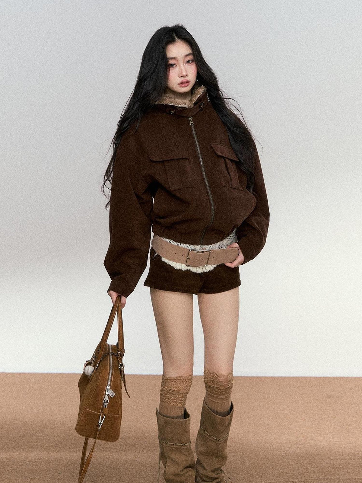RedBling Deep Brown Fur Collar Cropped Zipper Fleece Lined Women's Suede Leather Jackets