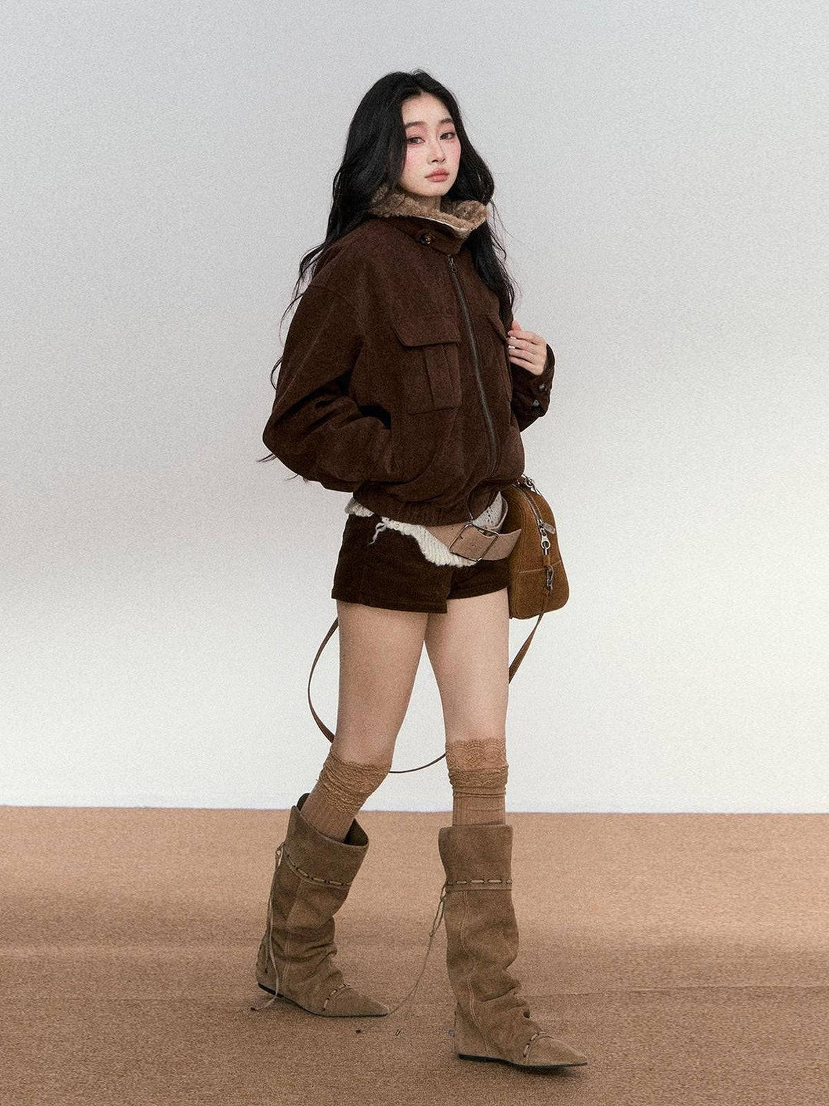 RedBling Deep Brown Fur Collar Cropped Zipper Fleece Lined Women's Suede Leather Jackets
