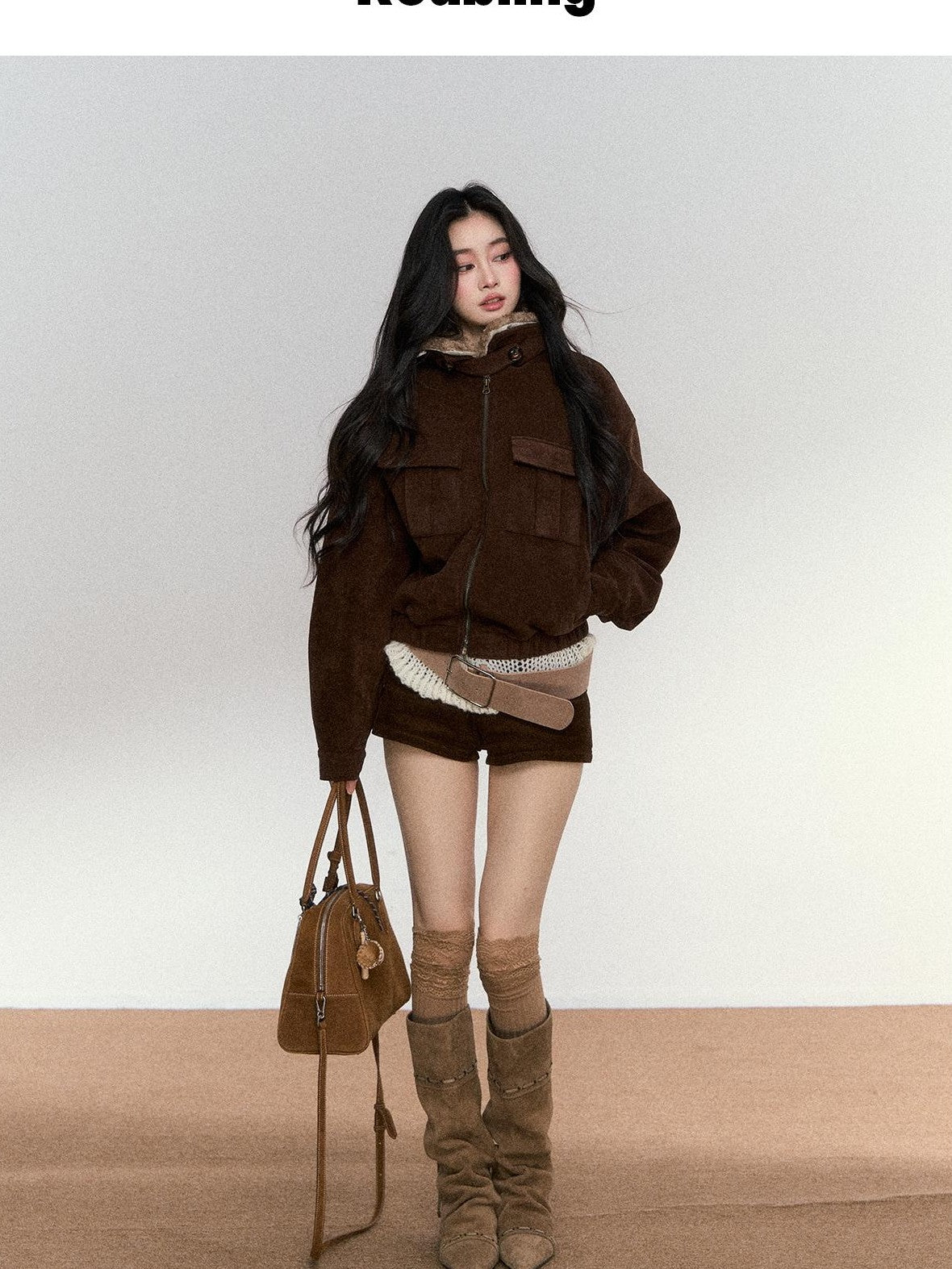 RedBling Deep Brown Fur Collar Cropped Zipper Fleece Lined Women's Suede Leather Jackets