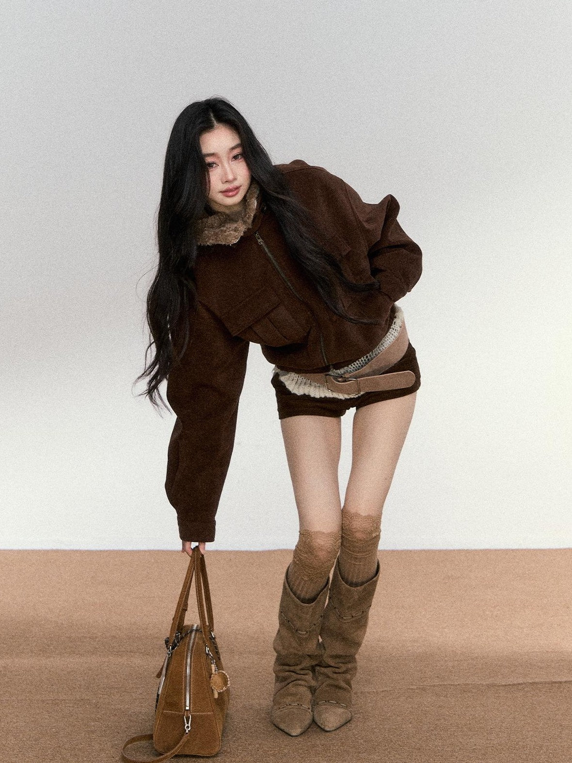 RedBling Deep Brown Fur Collar Cropped Zipper Fleece Lined Women's Suede Leather Jackets