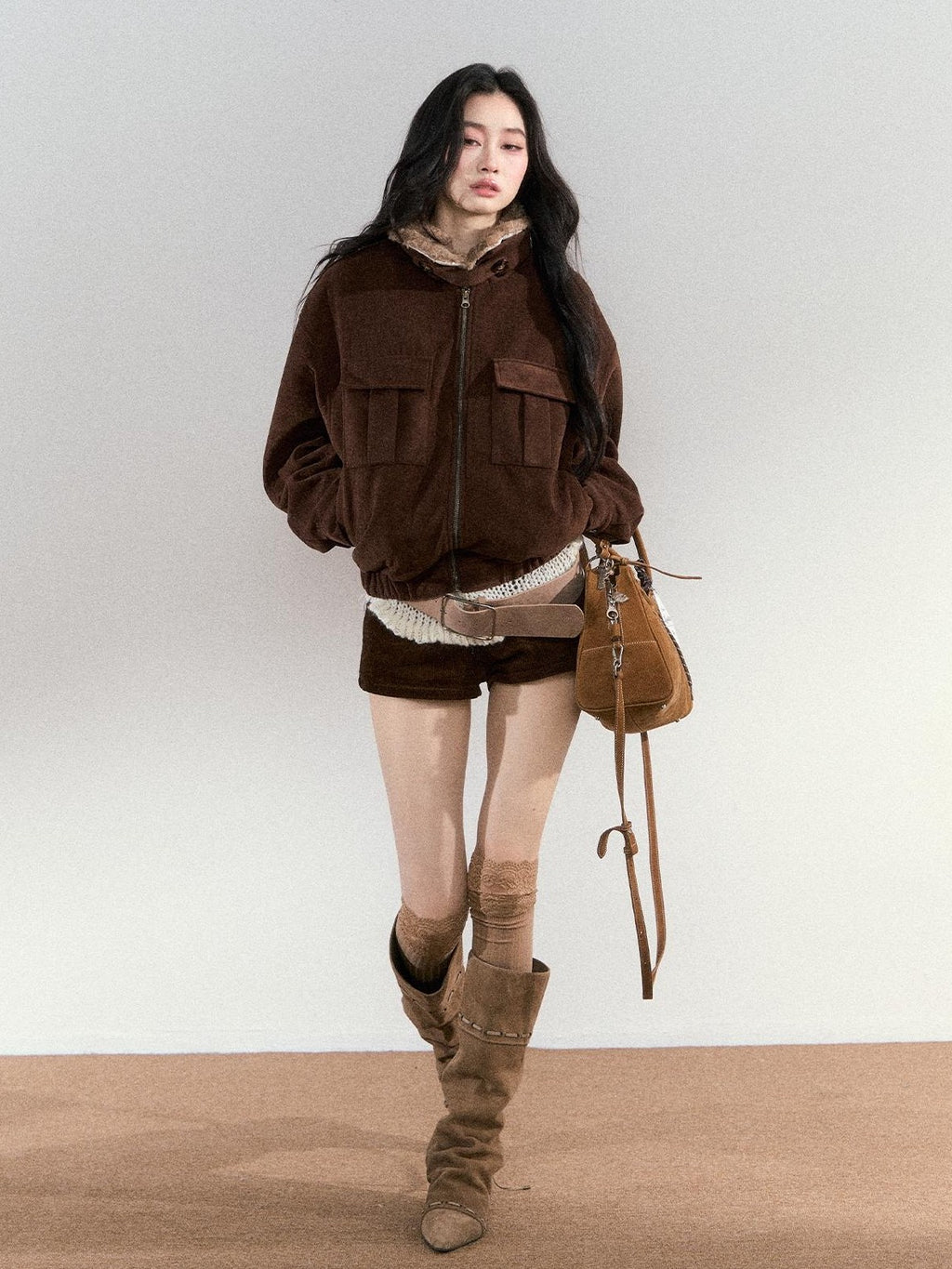 RedBling Deep Brown Fur Collar Cropped Zipper Fleece Lined Women's Suede Leather Jackets