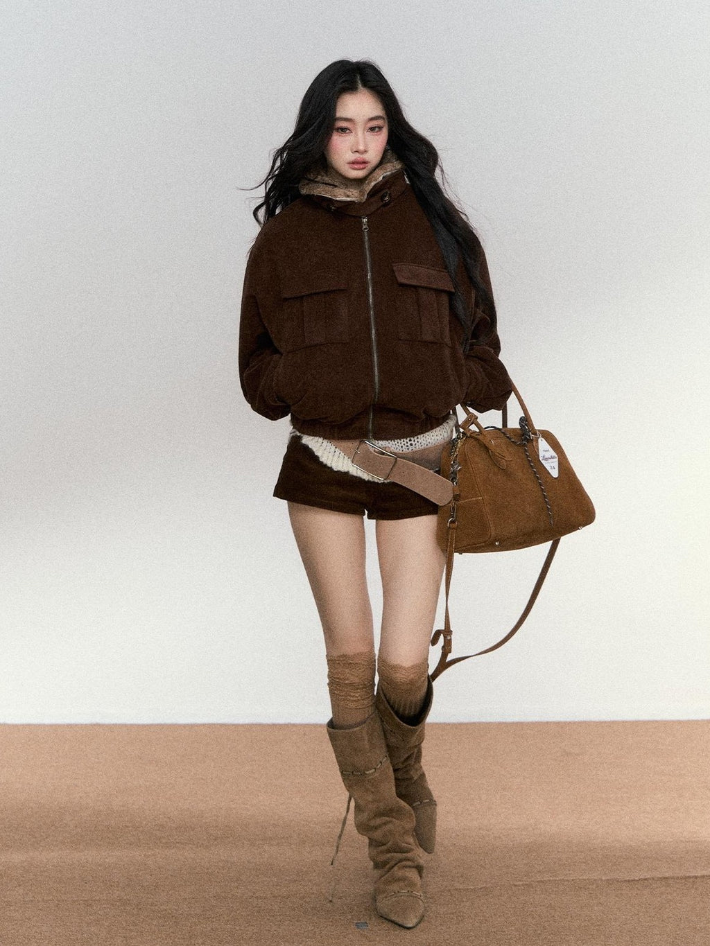RedBling Deep Brown Fur Collar Cropped Zipper Fleece Lined Women's Suede Leather Jackets