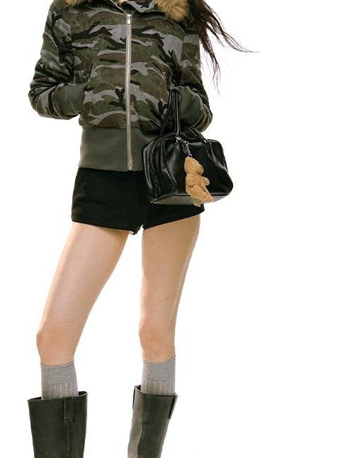RedBling Fleece Collar Hooded Waist Cinched Zipper Pockets Women's Cropped Jackets
