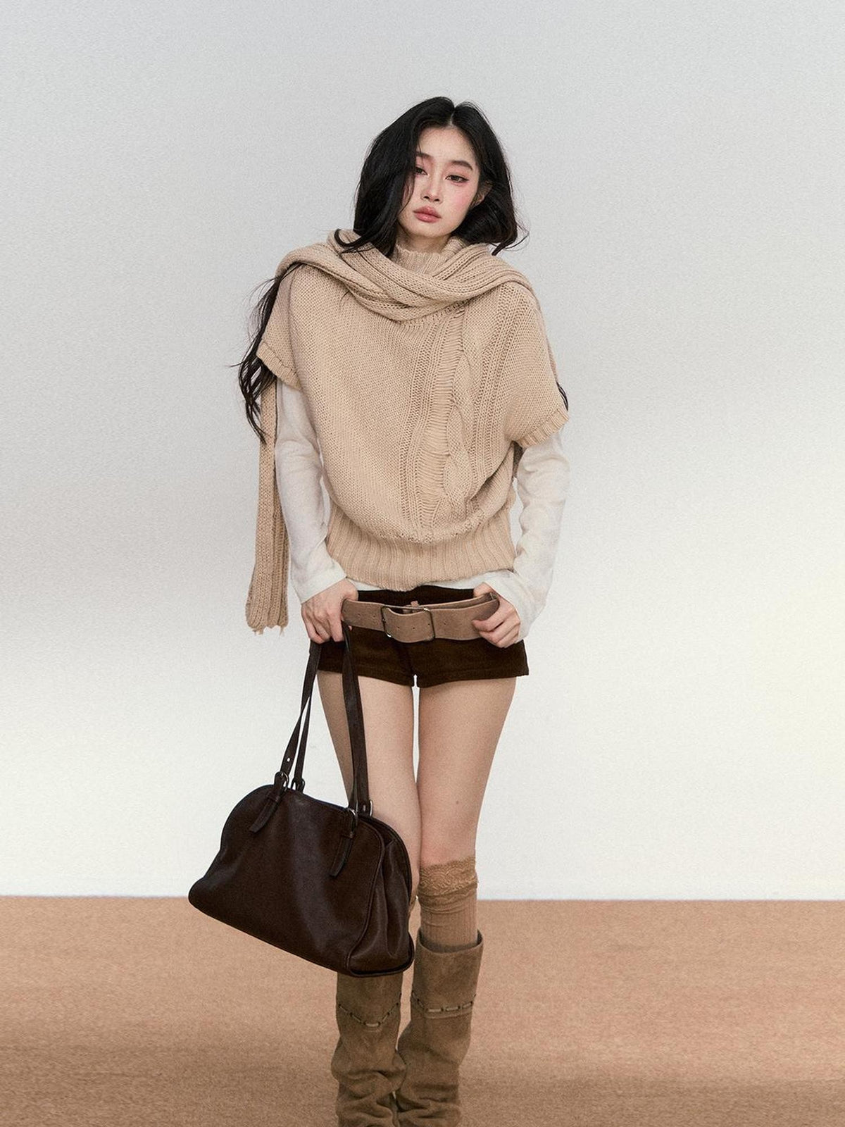 RedBling Khaki High Neck Slouchy Cropped Mid Sleeve Knitted Pullover Women's Sweaters
