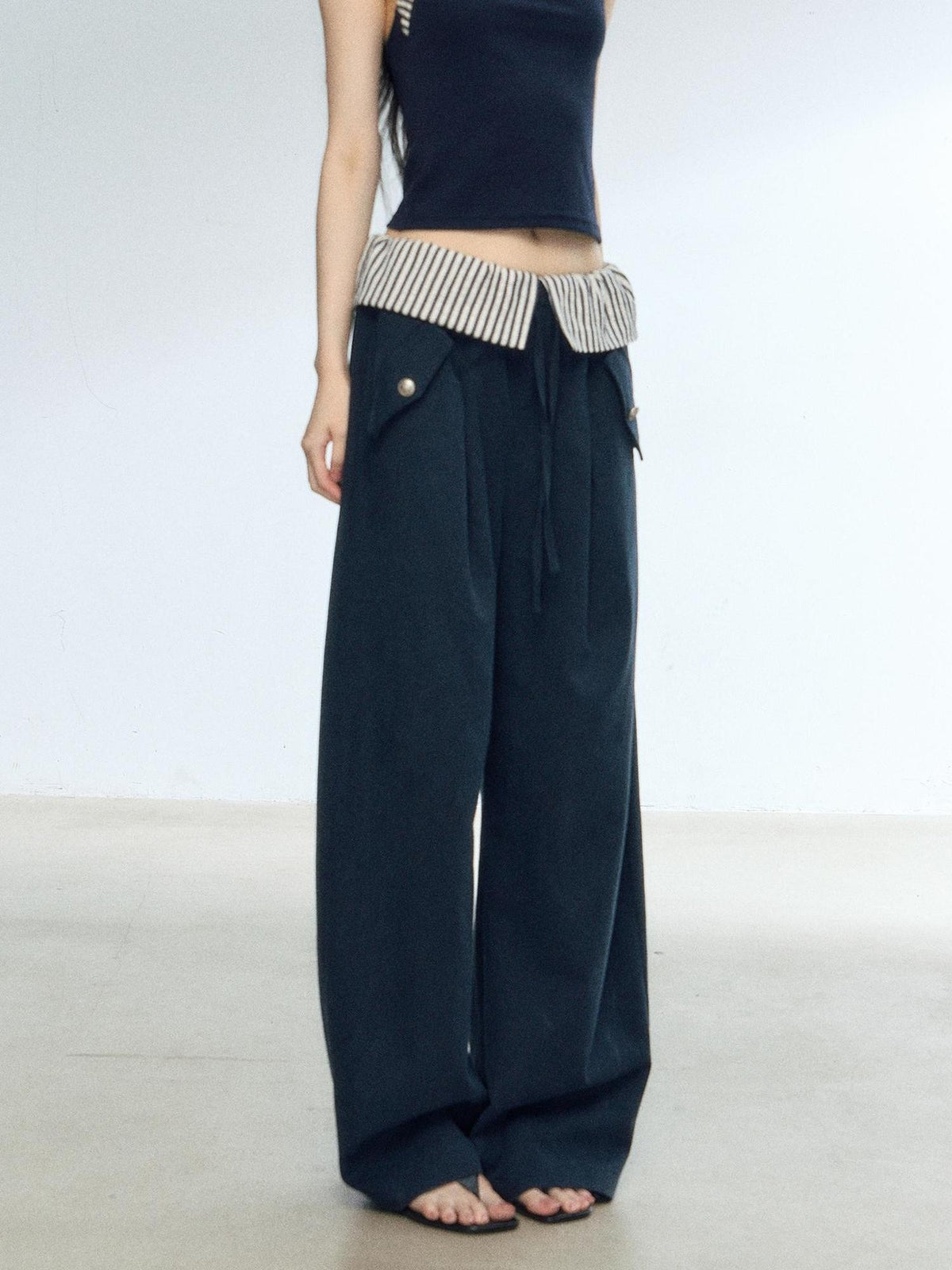 RedBling Navy Spliced Stripes High Waist Drapey Women's Wide-leg Pants
