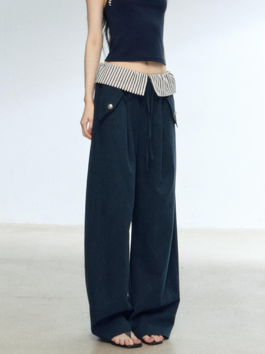 RedBling Navy Spliced Stripes High Waist Drapey Women's Wide-leg Pants