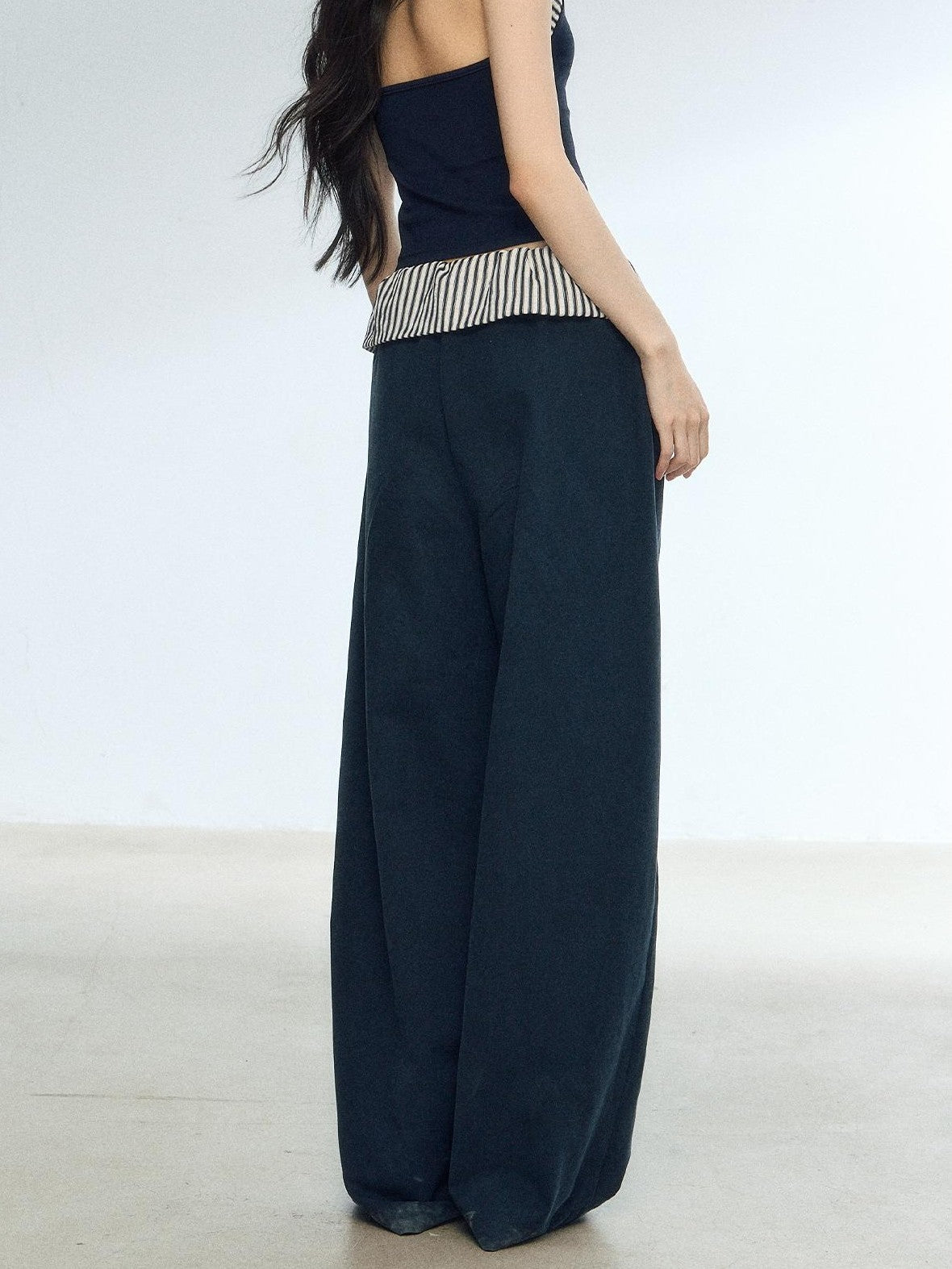 RedBling Navy Spliced Stripes High Waist Drapey Women's Wide-leg Pants
