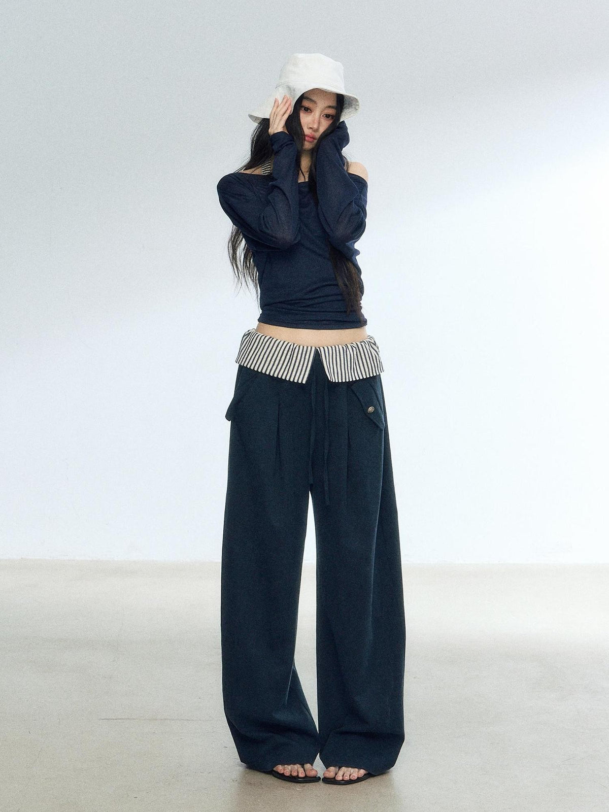 RedBling Navy Spliced Stripes High Waist Drapey Women's Wide-leg Pants