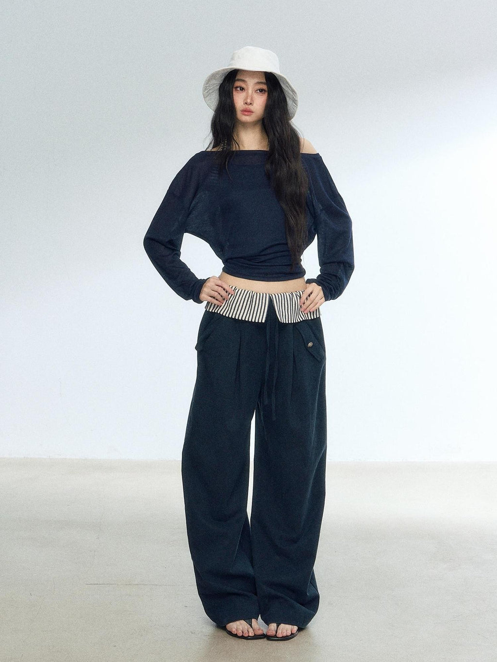 RedBling Navy Spliced Stripes High Waist Drapey Women's Wide-leg Pants