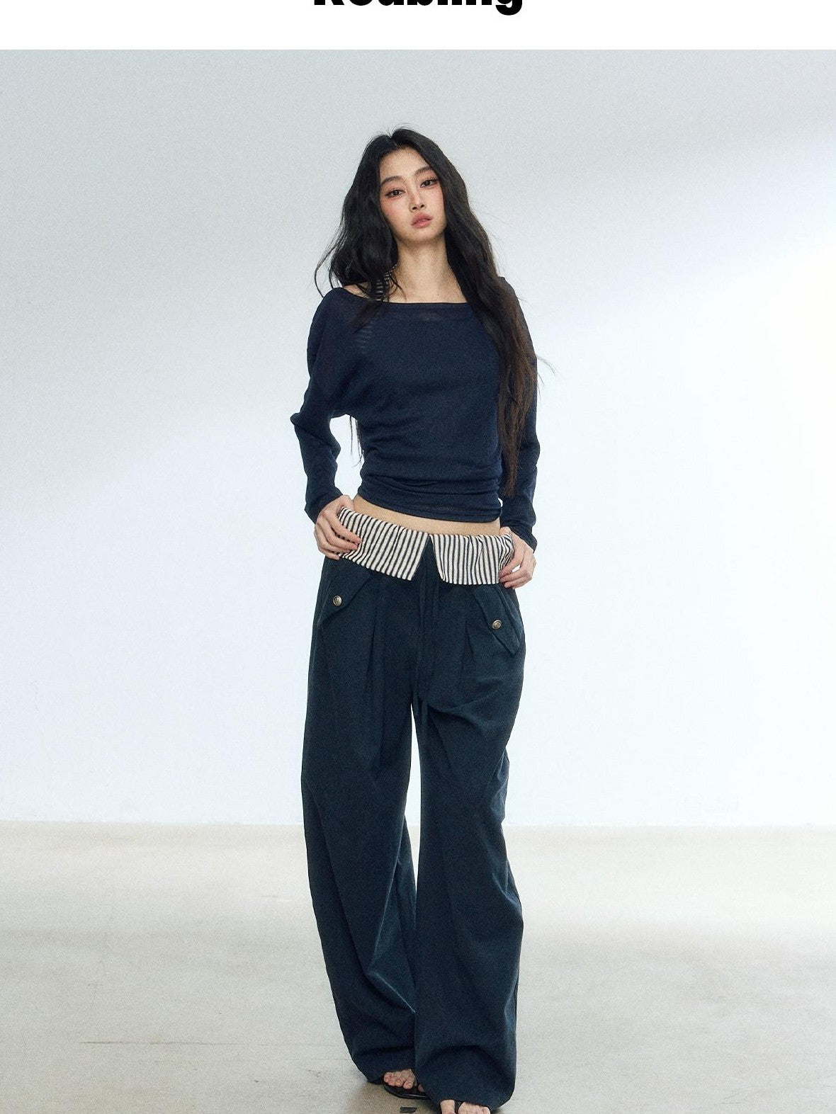RedBling Navy Spliced Stripes High Waist Drapey Women's Wide-leg Pants