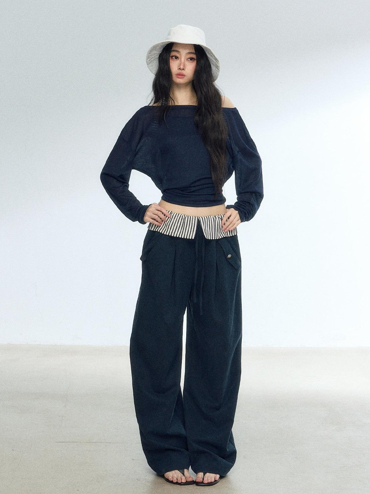 RedBling Navy Spliced Stripes High Waist Drapey Women's Wide-leg Pants