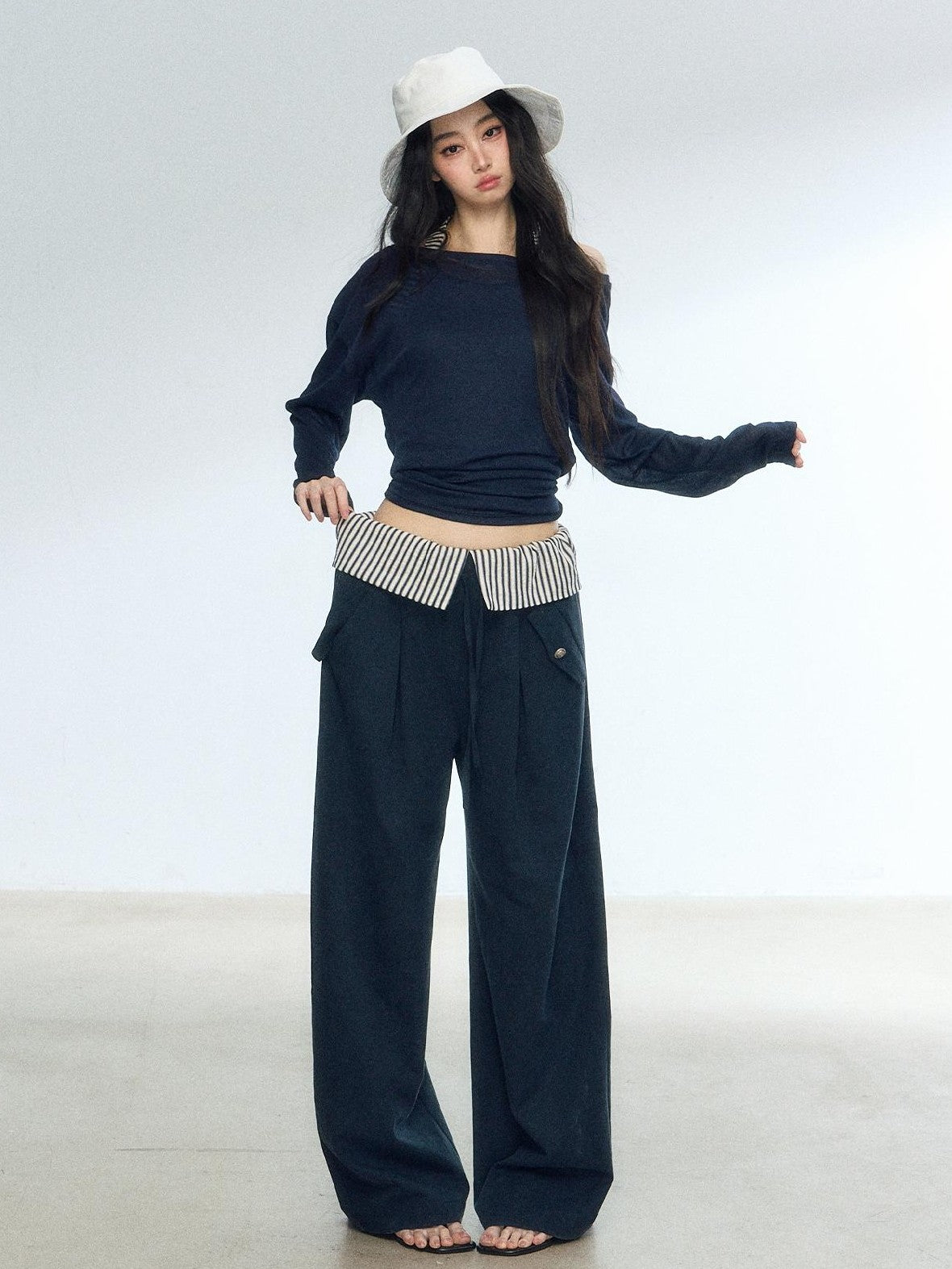 RedBling Navy Spliced Stripes High Waist Drapey Women's Wide-leg Pants