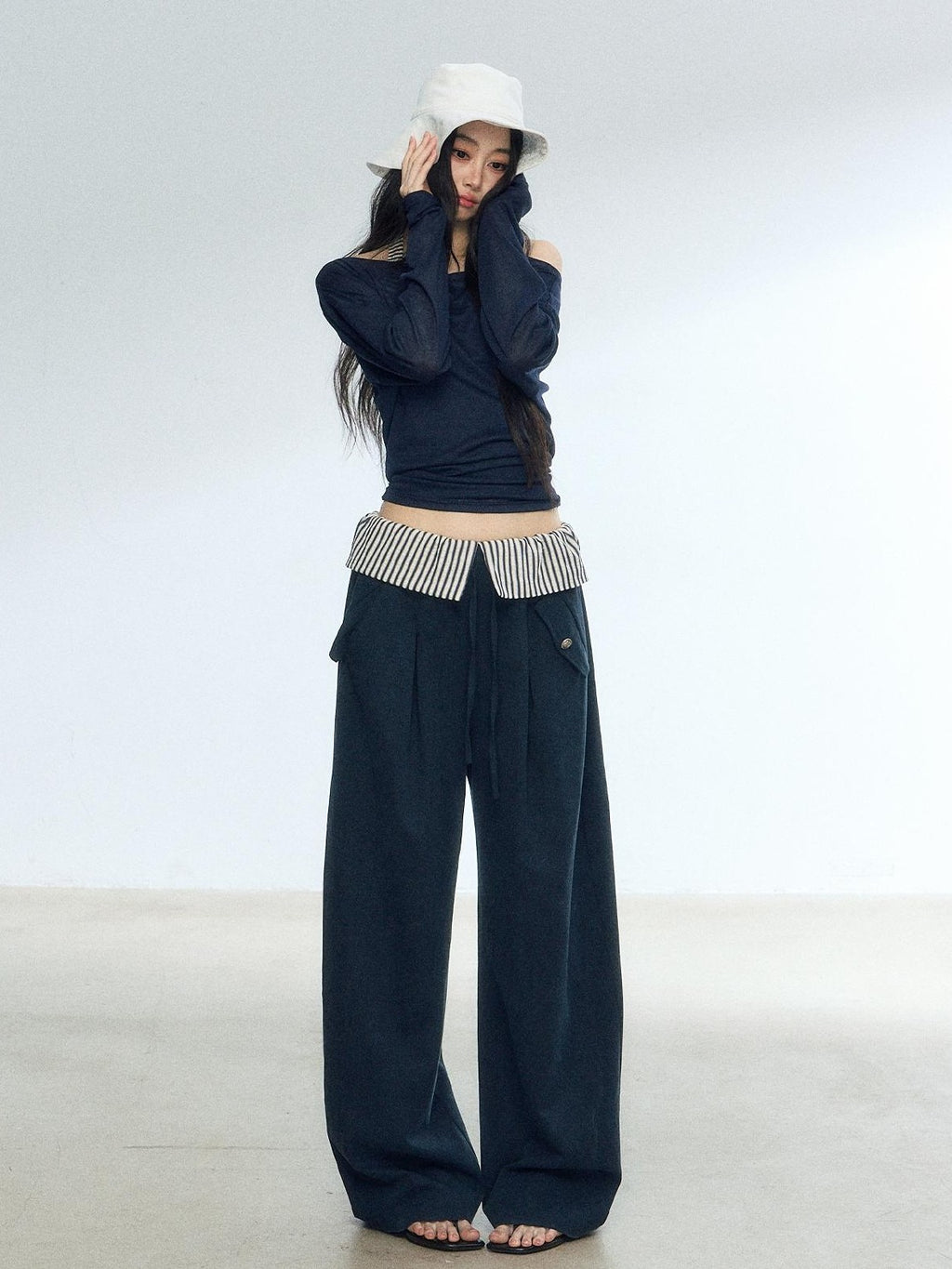 RedBling Navy Spliced Stripes High Waist Drapey Women's Wide-leg Pants