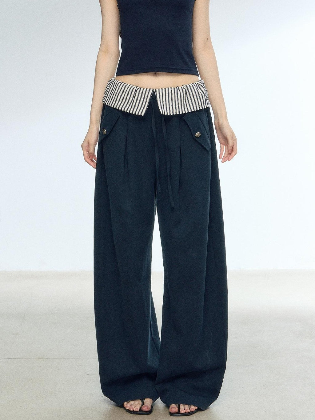 RedBling Navy Spliced Stripes High Waist Drapey Women's Wide-leg Pants