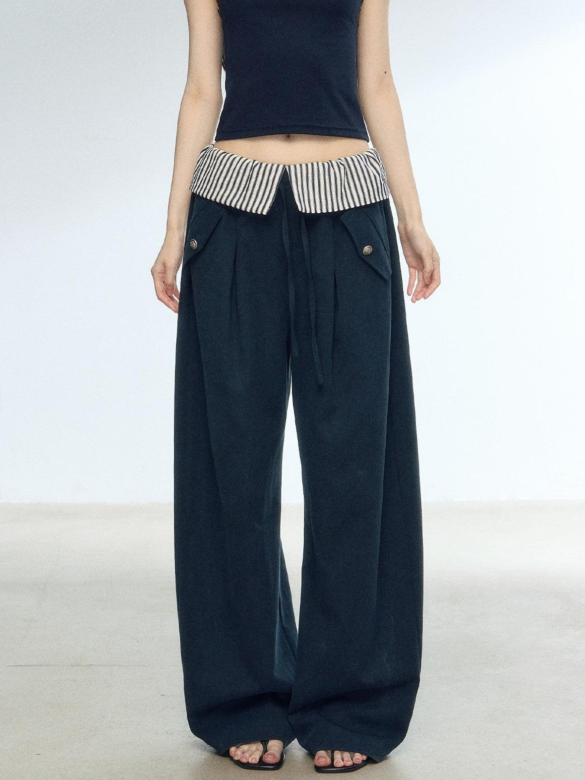 RedBling Navy Spliced Stripes High Waist Drapey Women's Wide-leg Pants
