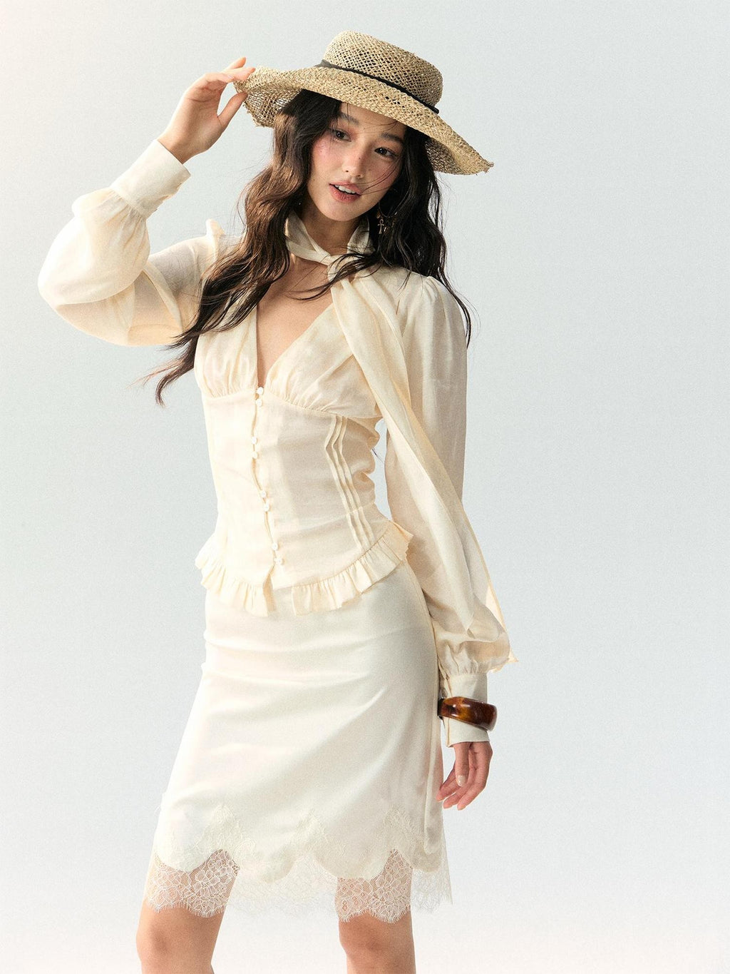 RedBling Ribbon Sash V-neck Fitted French Vintage Women's Cutout Lace Matching Skirt Sets