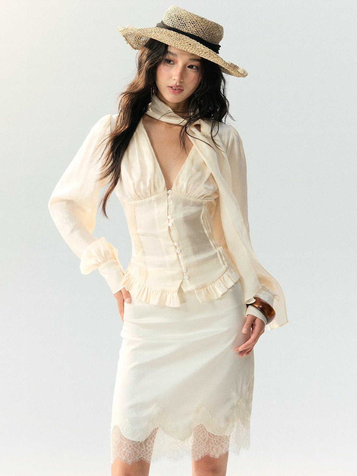 RedBling Ribbon Sash V-neck Fitted French Vintage Women's Cutout Lace Matching Skirt Sets