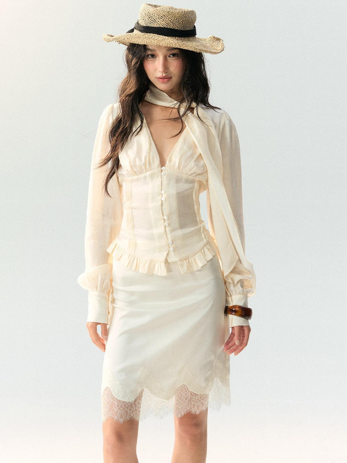 RedBling Ribbon Sash V-neck Fitted French Vintage Women's Cutout Lace Matching Skirt Sets