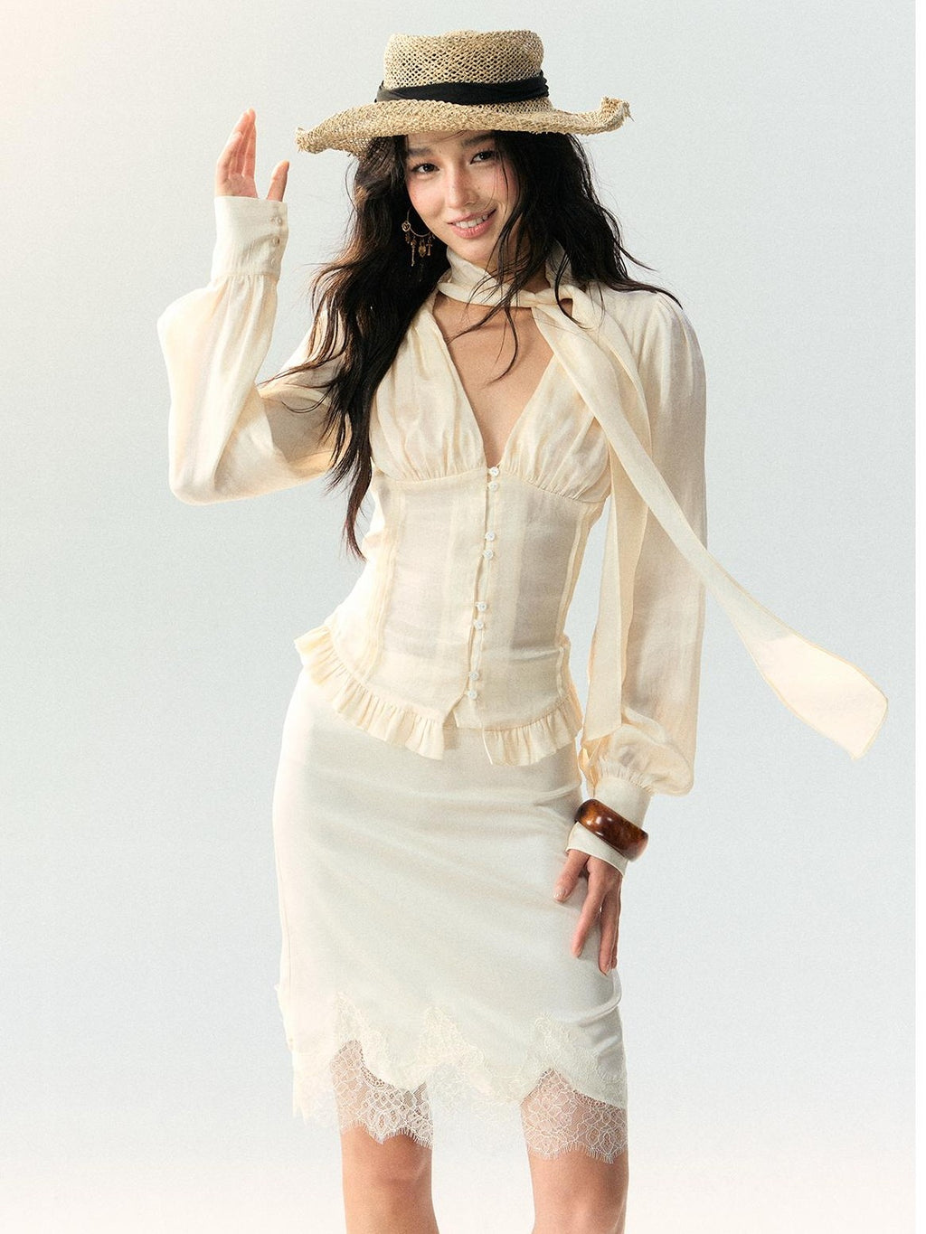 RedBling Ribbon Sash V-neck Fitted French Vintage Women's Cutout Lace Matching Skirt Sets