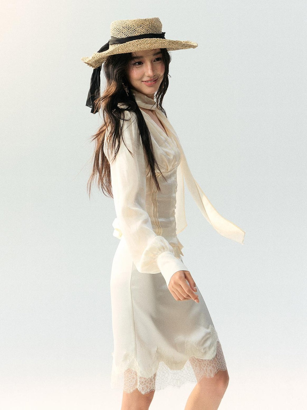 RedBling Ribbon Sash V-neck Fitted French Vintage Women's Cutout Lace Matching Skirt Sets