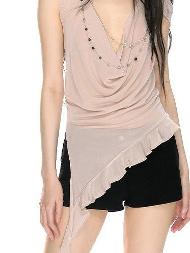 RedBling Sheer Backless Draped Original Design Women's Mesh Halter Tops