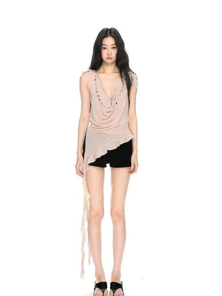 RedBling Sheer Backless Draped Original Design Women's Mesh Halter Tops