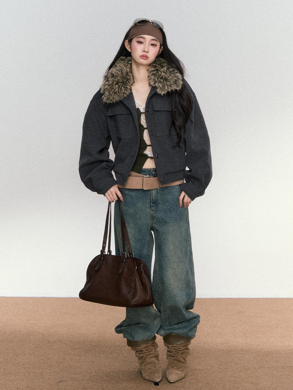 RedBling Structured American Fur Collar Lapel Cropped Buttoned Women's Casual Jackets