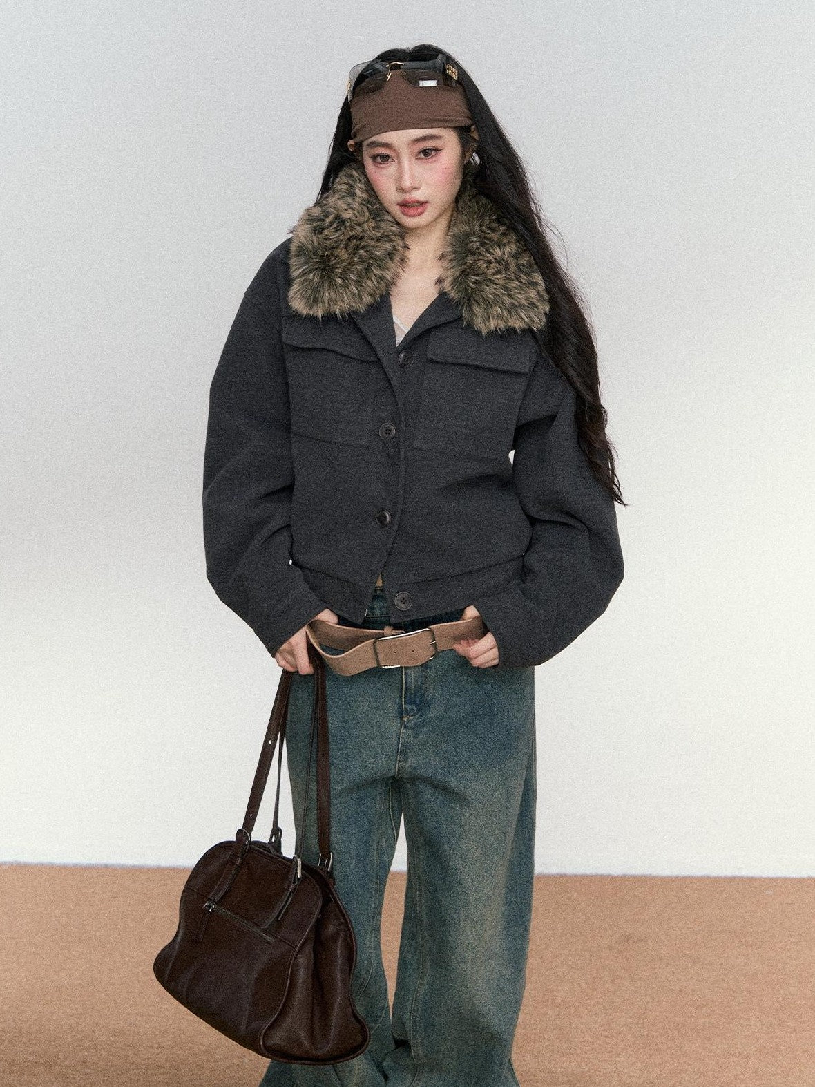RedBling Structured American Fur Collar Lapel Cropped Buttoned Women's Casual Jackets