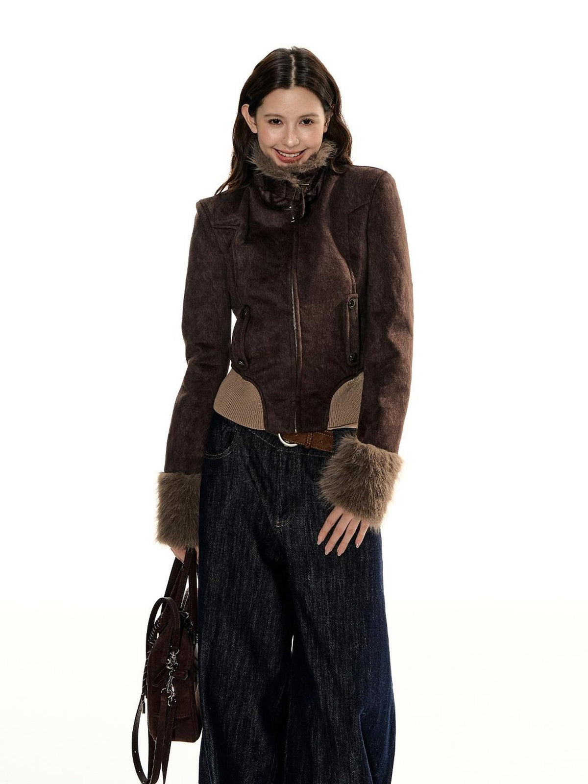RedBling Suede Padded Waist Cinched Zipper Women's Polyester Cotton Cropped Jackets