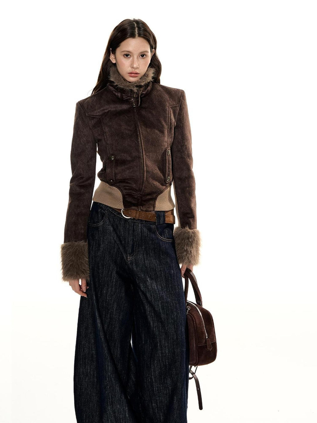 RedBling Suede Padded Waist Cinched Zipper Women's Polyester Cotton Cropped Jackets