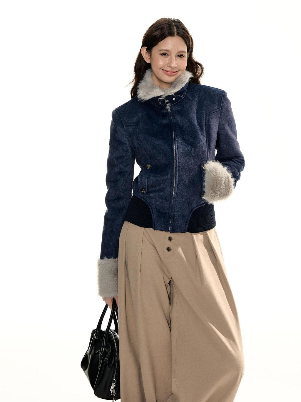 RedBling Suede Padded Waist Cinched Zipper Women's Polyester Cotton Cropped Jackets