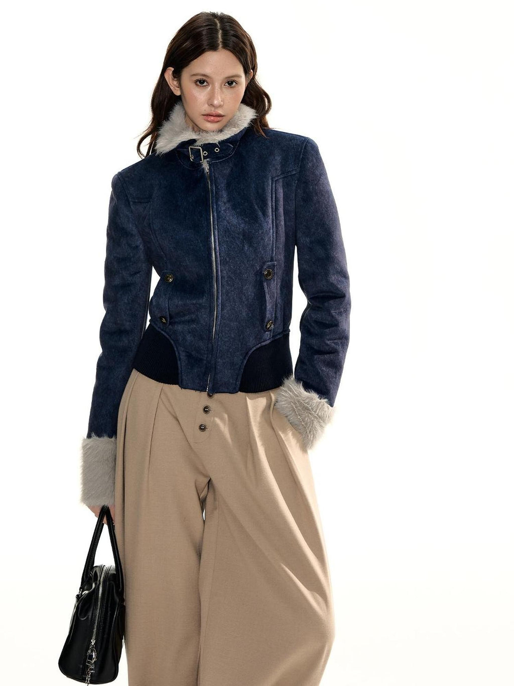 RedBling Suede Padded Waist Cinched Zipper Women's Polyester Cotton Cropped Jackets