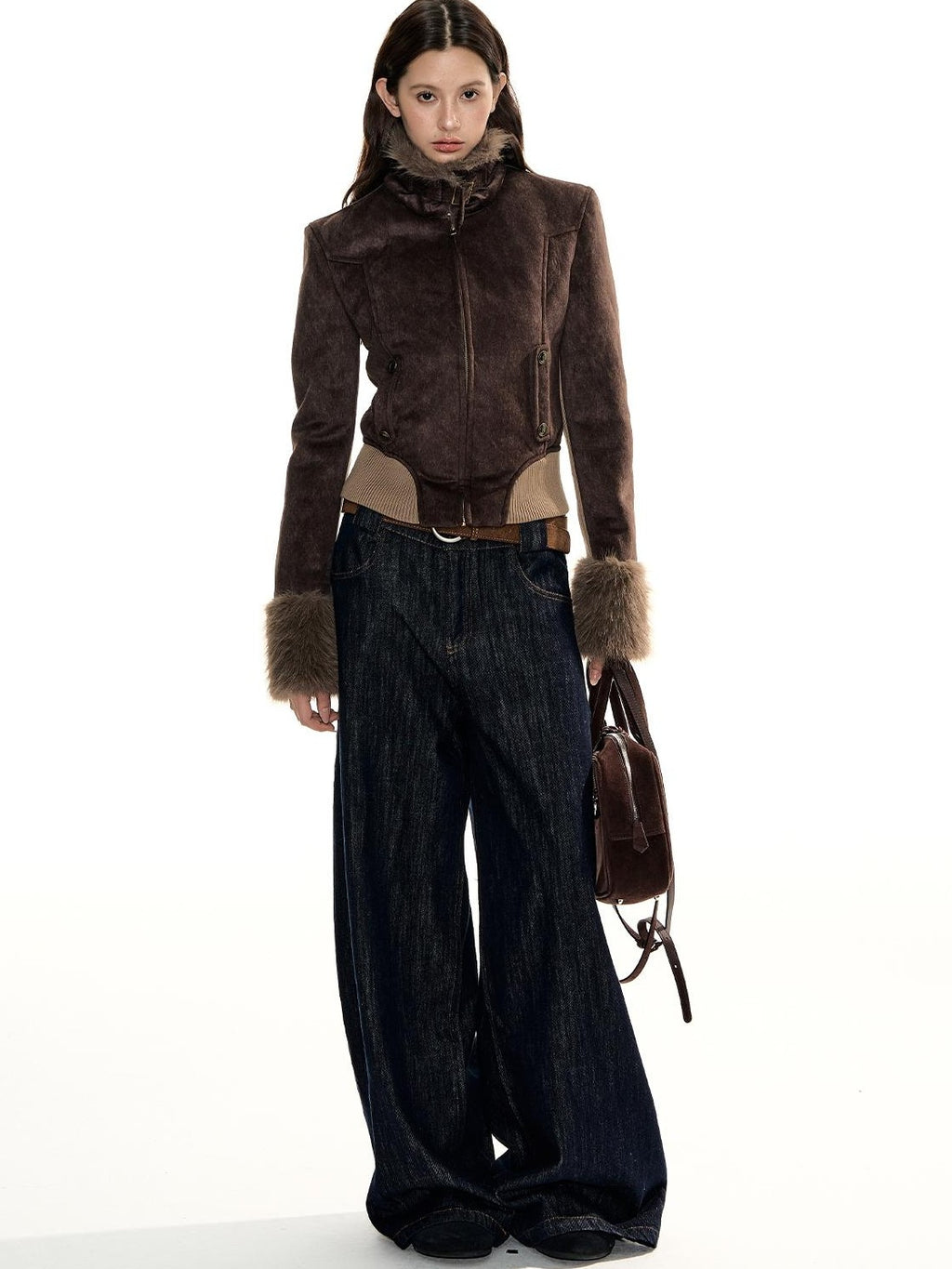 RedBling Suede Padded Waist Cinched Zipper Women's Polyester Cotton Cropped Jackets