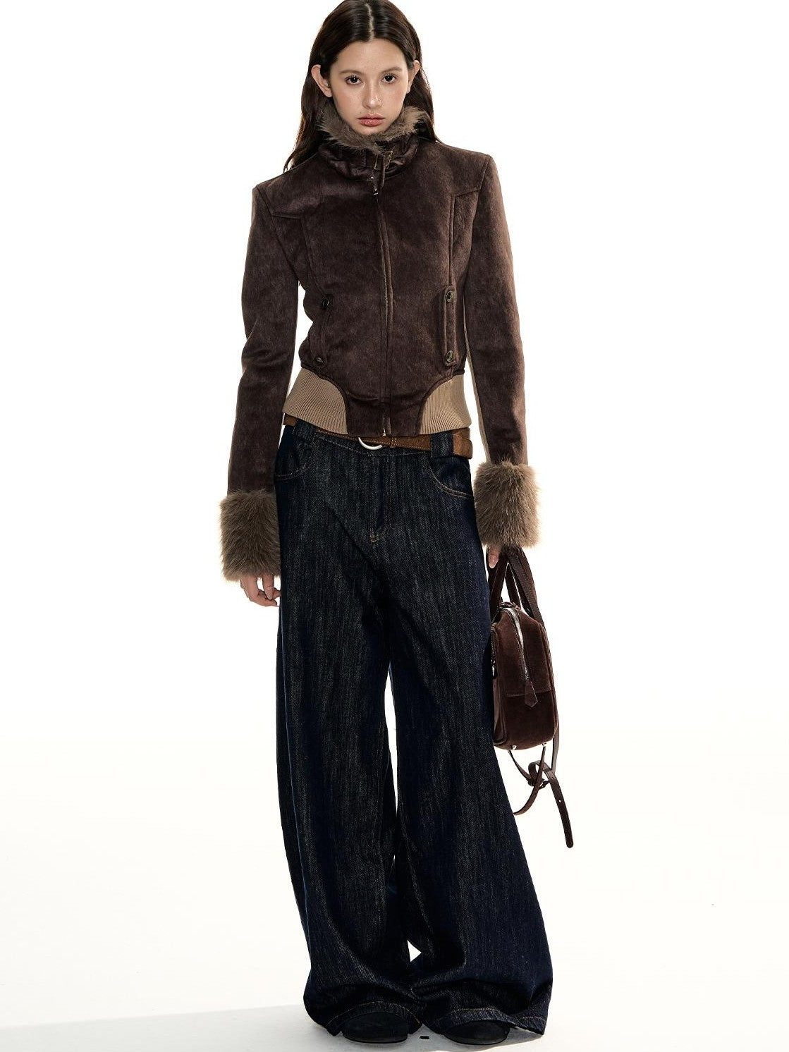 RedBling Suede Padded Waist Cinched Zipper Women's Polyester Cotton Cropped Jackets