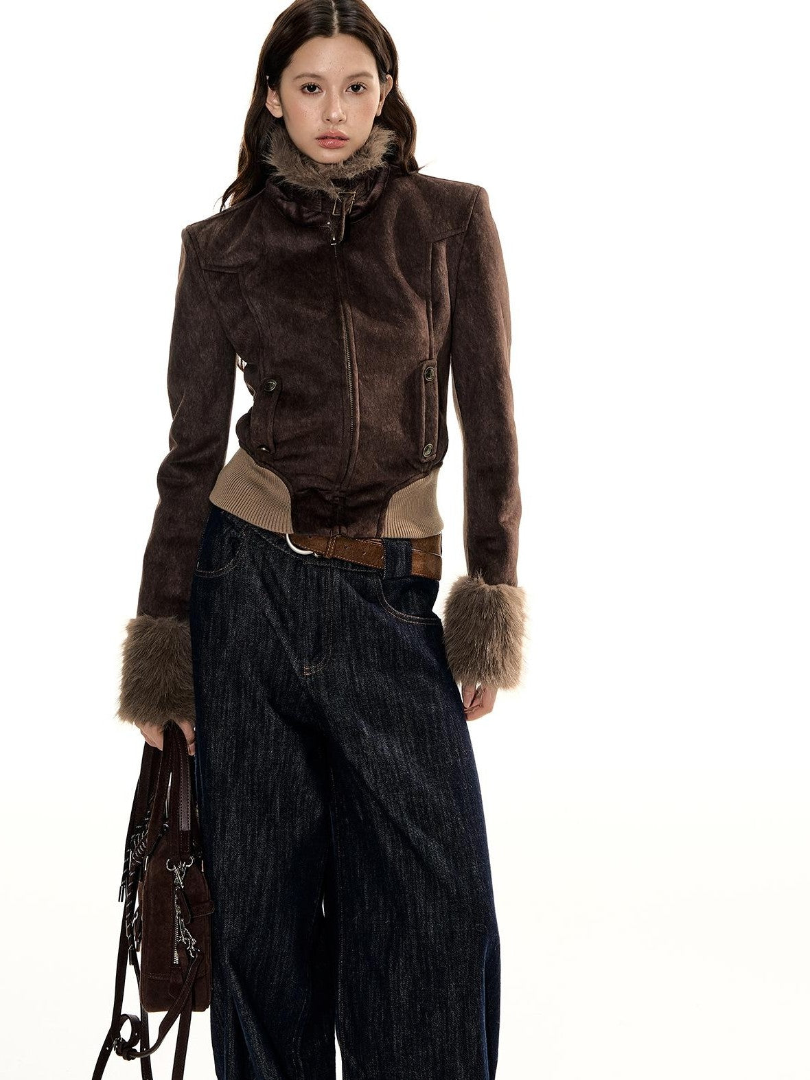 RedBling Suede Padded Waist Cinched Zipper Women's Polyester Cotton Cropped Jackets