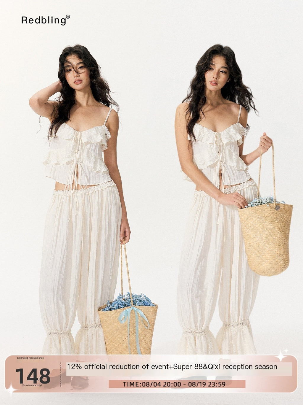 RedBling_Sweet_Ruffle_Off_Shoulder_Cami_High_Waist_Women's_Casual_Top_&_Pants_Sets_1046145197878_MISSTT