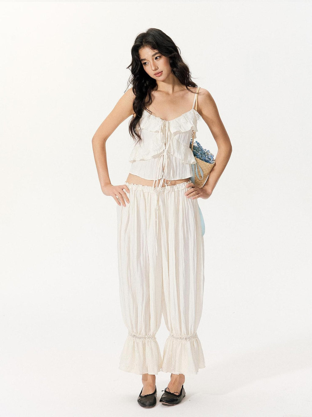 RedBling Sweet Ruffle Off Shoulder Cami High Waist Women's Casual Top & Pants Sets