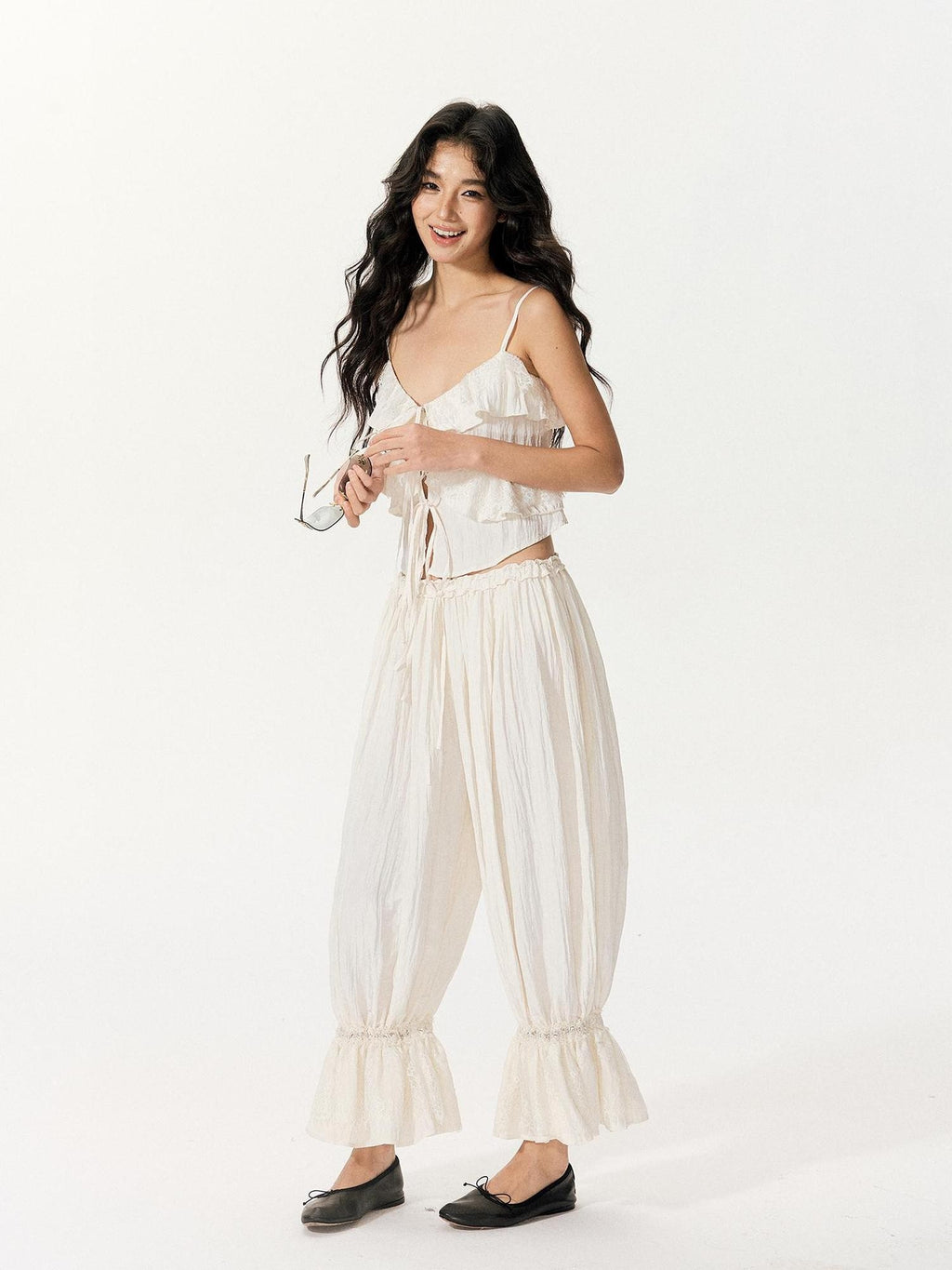 RedBling Sweet Ruffle Off Shoulder Cami High Waist Women's Casual Top & Pants Sets