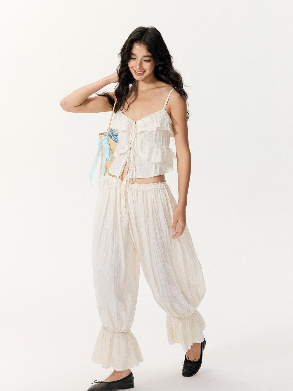 RedBling Sweet Ruffle Off Shoulder Cami High Waist Women's Casual Top & Pants Sets