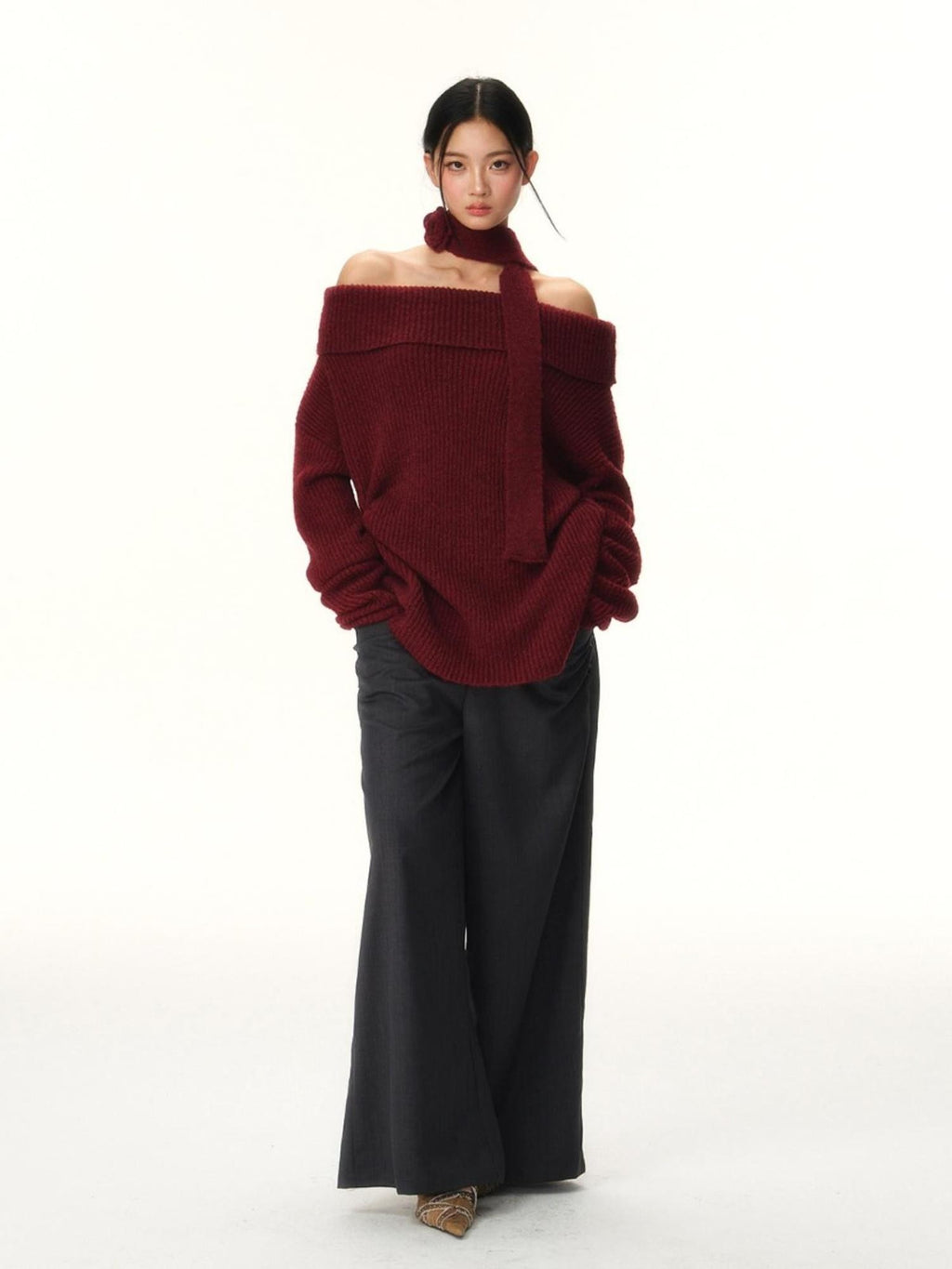 RedBling Two Tone Bateau Neck Slouchy Women's Knit Off-shoulder Sweaters