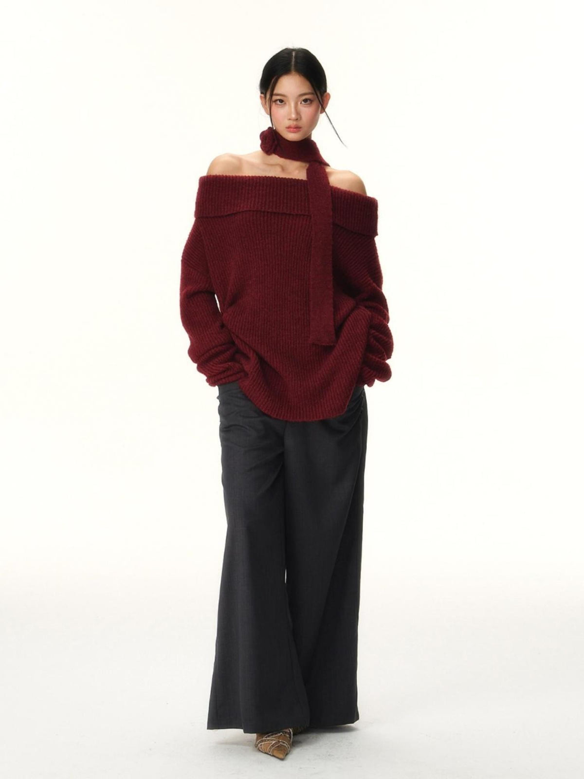 RedBling Two Tone Bateau Neck Slouchy Women's Knit Off-shoulder Sweaters