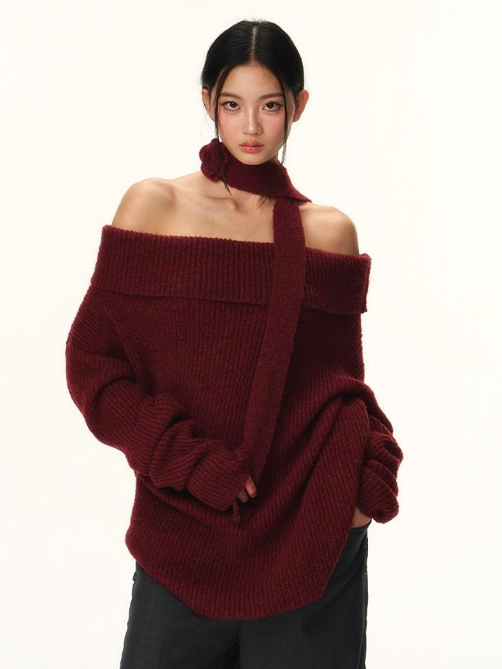 RedBling Two Tone Bateau Neck Slouchy Women's Knit Off-shoulder Sweaters